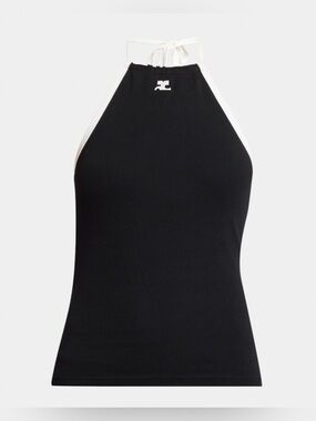 Courreges Logo Contrast Tie-Back Tank Top - Black/Heritage White